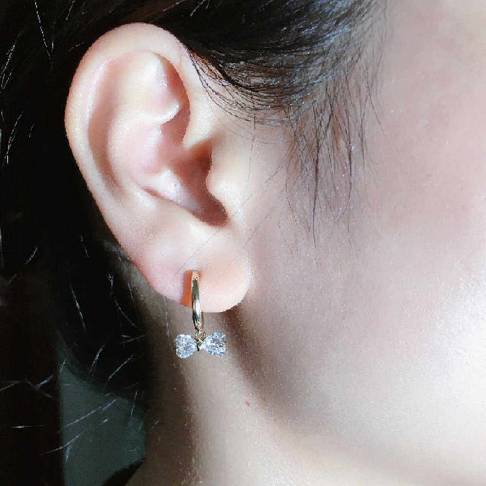 💞18K Gold Hoop Huggies Exquisite Crystal Bowknot Drop Dangle Earrings,UNVN12488 - Picture 7 of 7